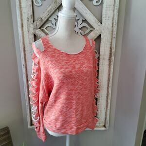 Xtaren Junior Long Sleeve Raw Edge Sleeve Cutout Cropped Sweatshirt in Coral